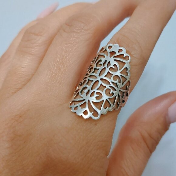 Sterling Silver Shield Ring, Silver Women Ring, Statement Ring, Bali Boho, - Picture 2 of 6